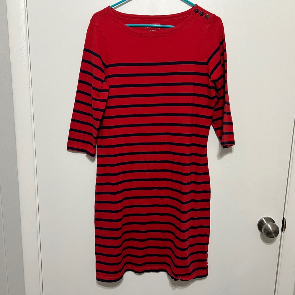LL Bean Heritage Mariner Dress Womens M Red Navy Stripe Cotton Nautical Midi